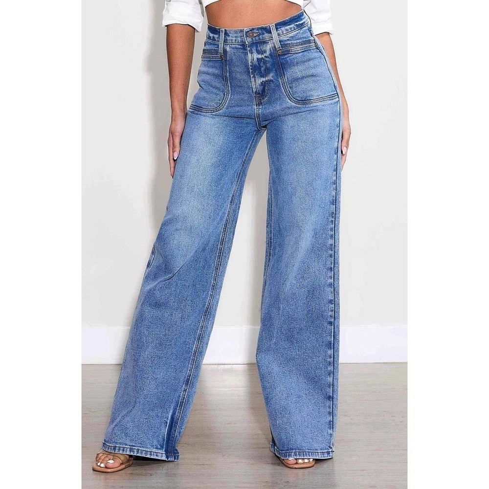 Vibrant Mui Women's Jeans High Rise Square Pockets Wide Leg Size 5 Tall Y2K 90s